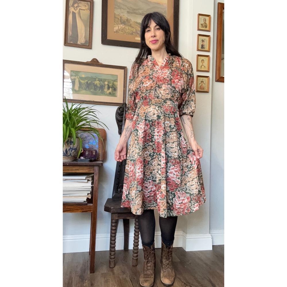 Vintage 70s Floral Midi Dress Pink Green Smocked Waist V-Neck Cottagecore Boho